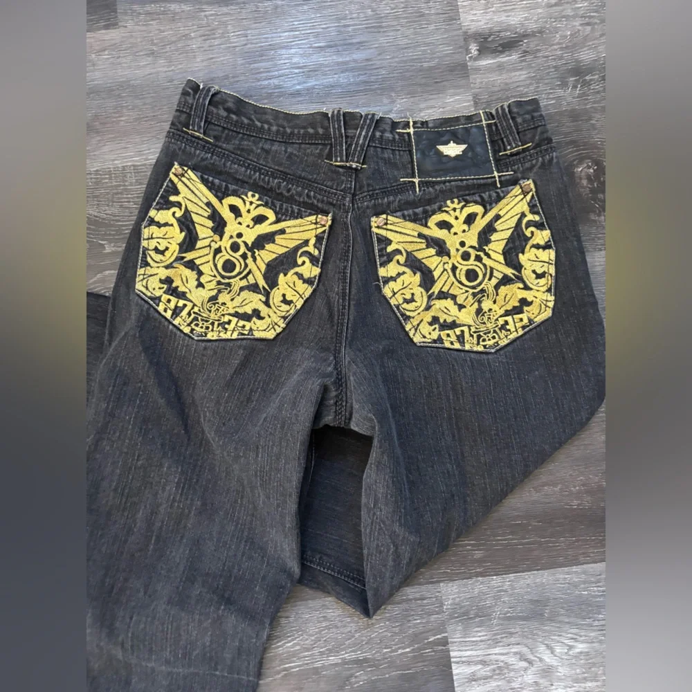 Eight 732 vintage denim embroidered baggy Y2K jeans gold blue oversized fit 36 - Picture 9 of 10